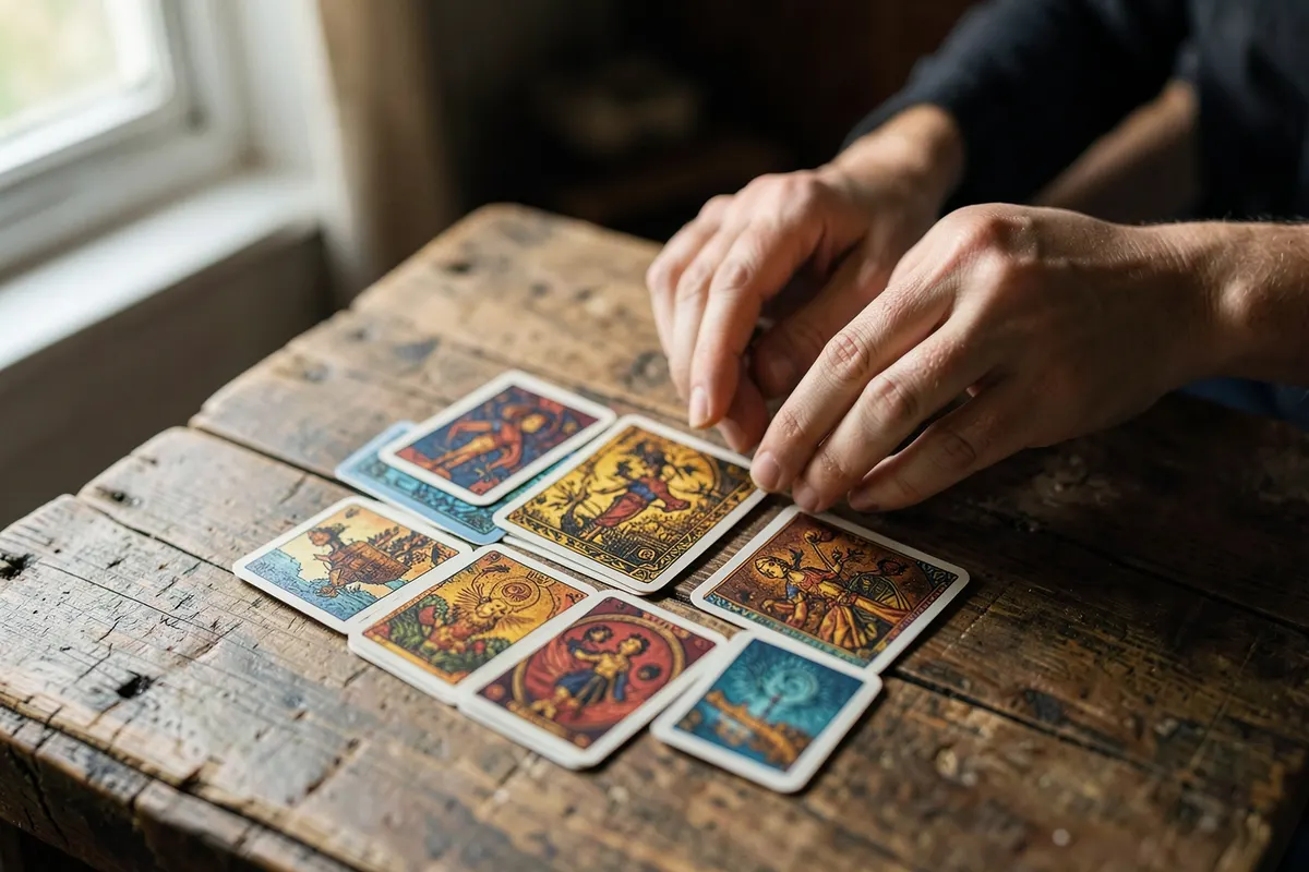 Mãos arrumando cartas de baralho cigano sobre mesa de madeira