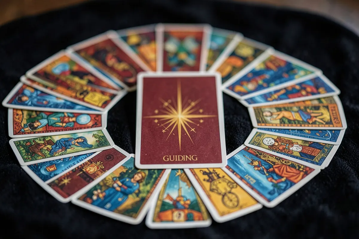 Carta da estrela guia em destaque no centro de um círculo de cartas de baralho cigano
