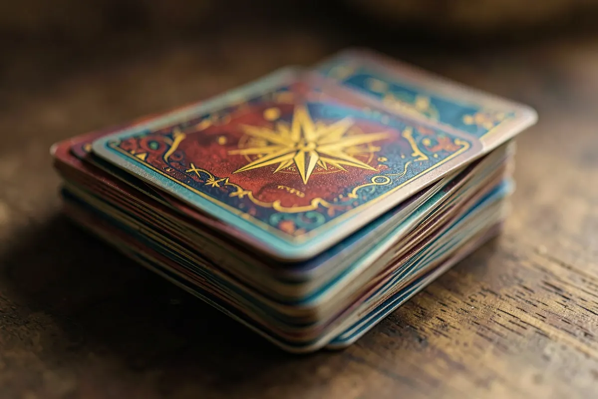 Pilha de cartas de baralho cigano com a carta da estrela guia no topo