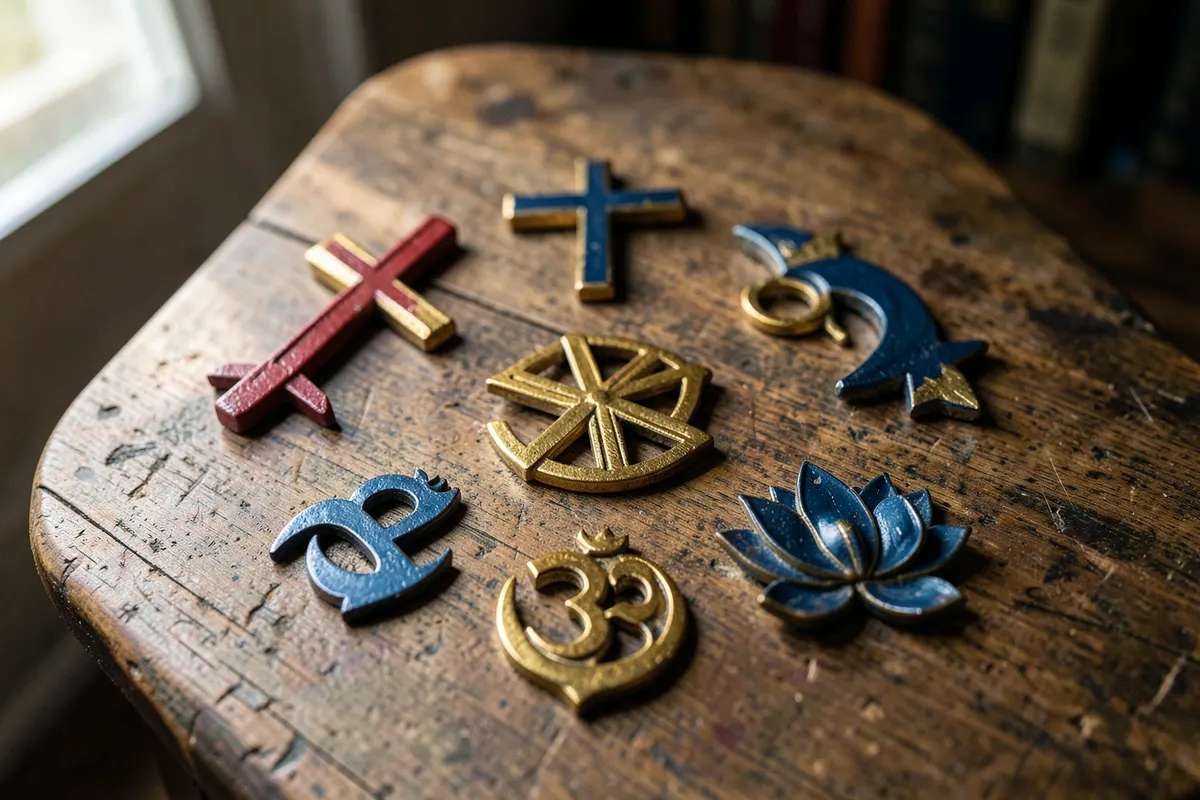 Símbolos de diferentes religiões dispostos em círculo
