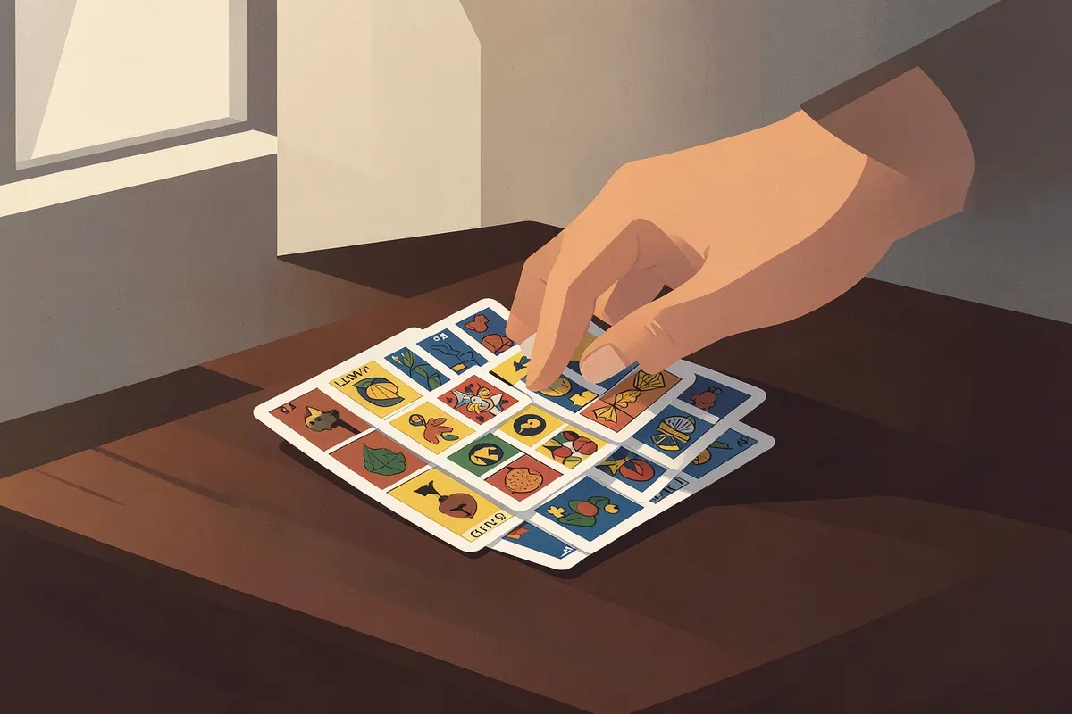 Uma mão embaralhando um baralho cigano com 36 cartas sobre uma mesa de madeira.