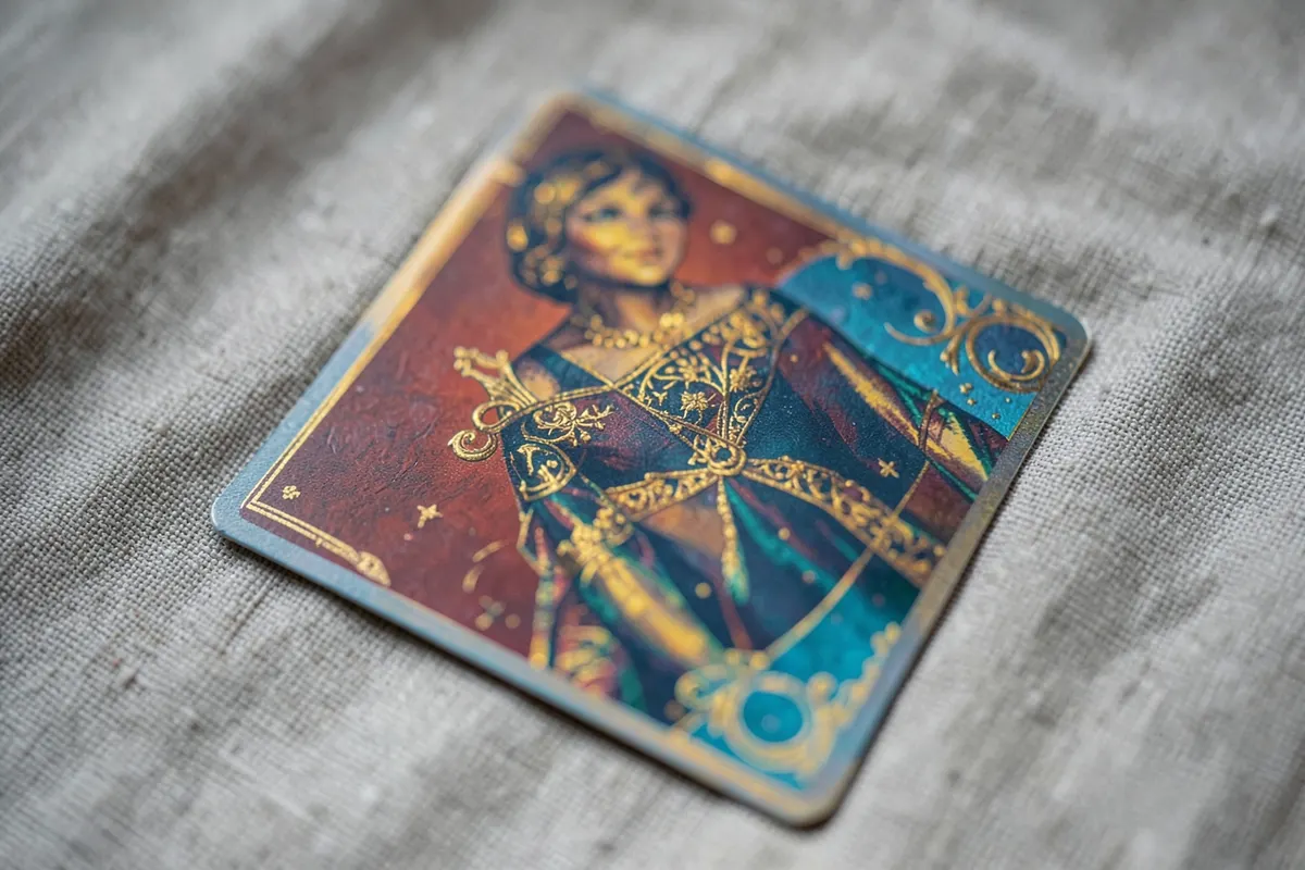 Carta "A Dama" do Baralho de Maria Padilha, com uma figura feminina enigmática e detalhes em dourado.