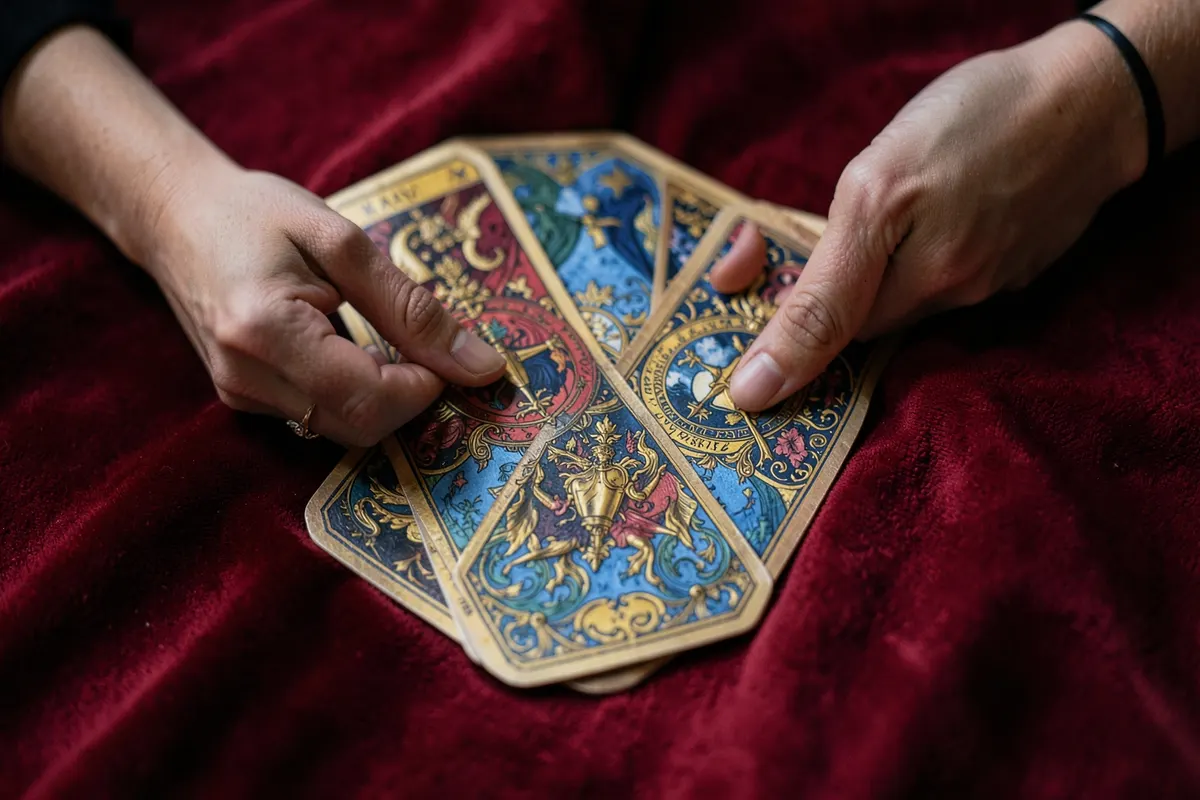 Mãos arrumando cartas do Baralho de Maria Padilha sobre um pano vermelho.