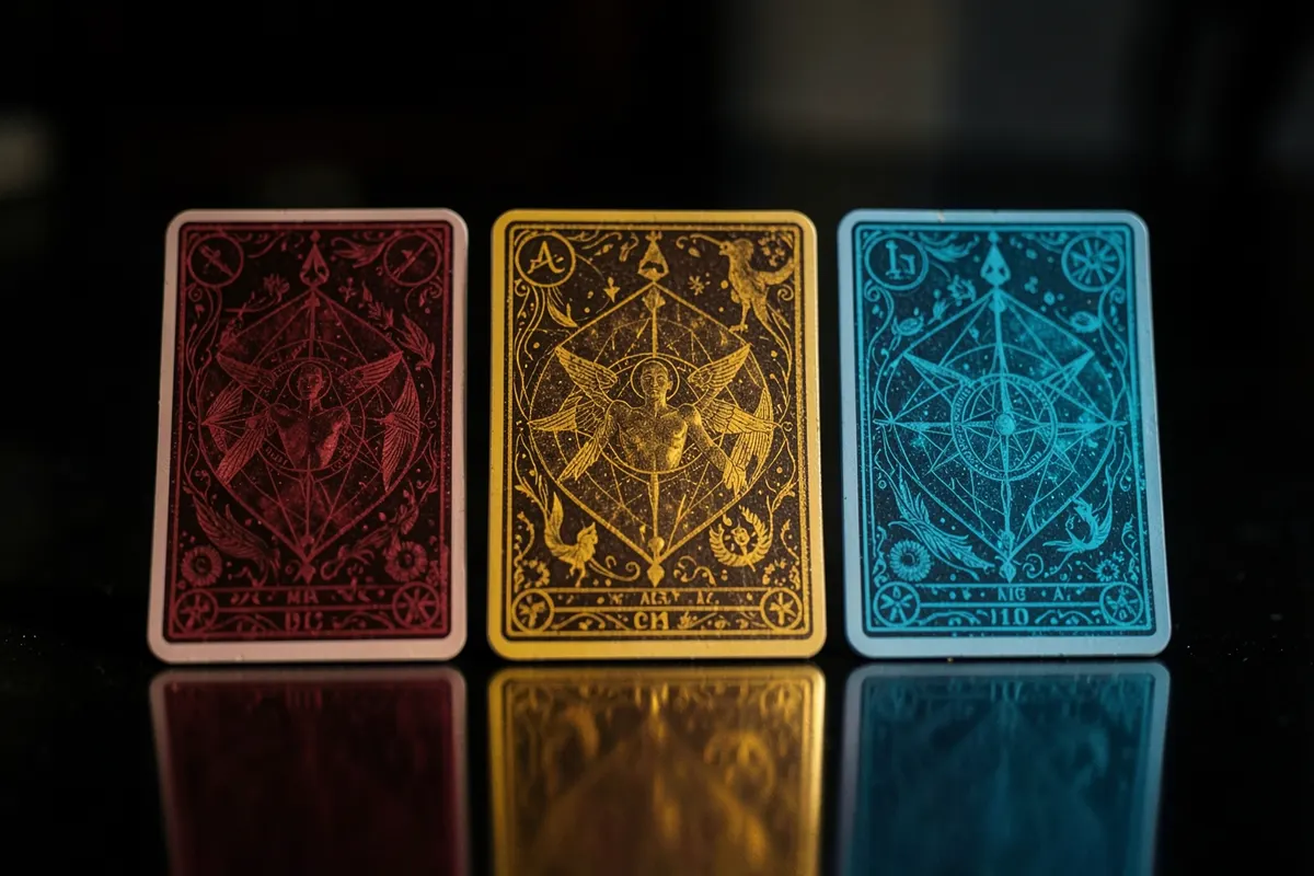 Combinação de três cartas do Baralho de Maria Padilha dispostas em linha, com símbolos esotéricos visíveis.