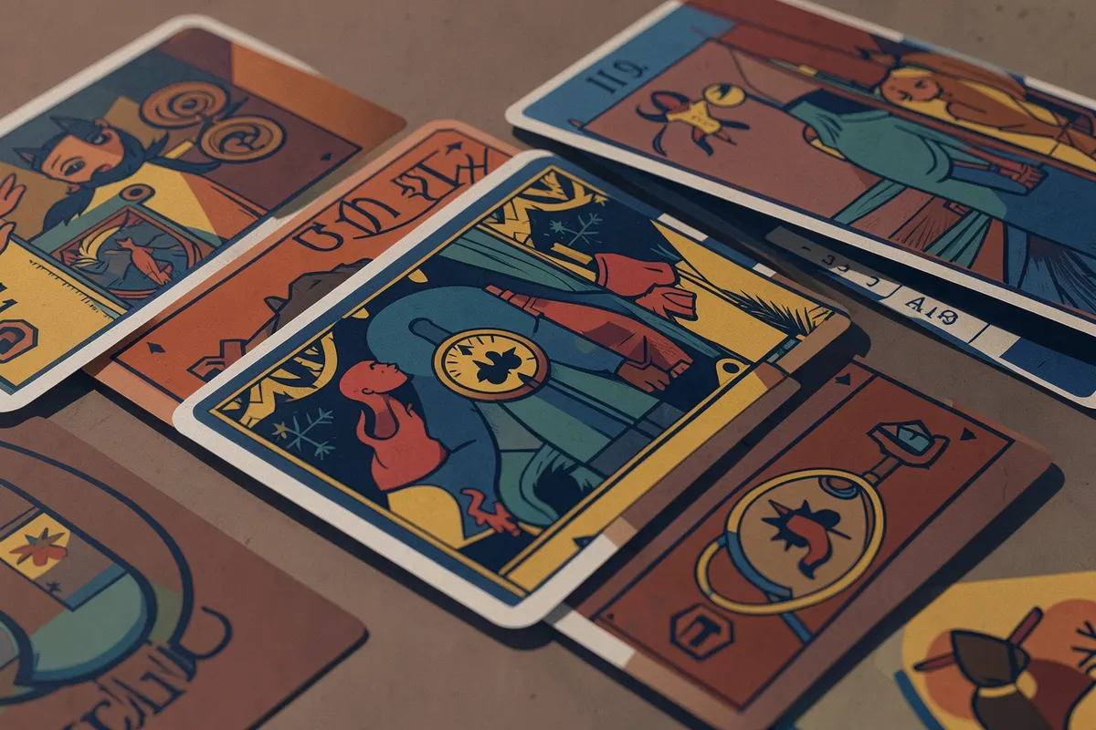 Um close-up de um baralho cigano com as cartas viradas para cima, revelando símbolos místicos e cores vibrantes.