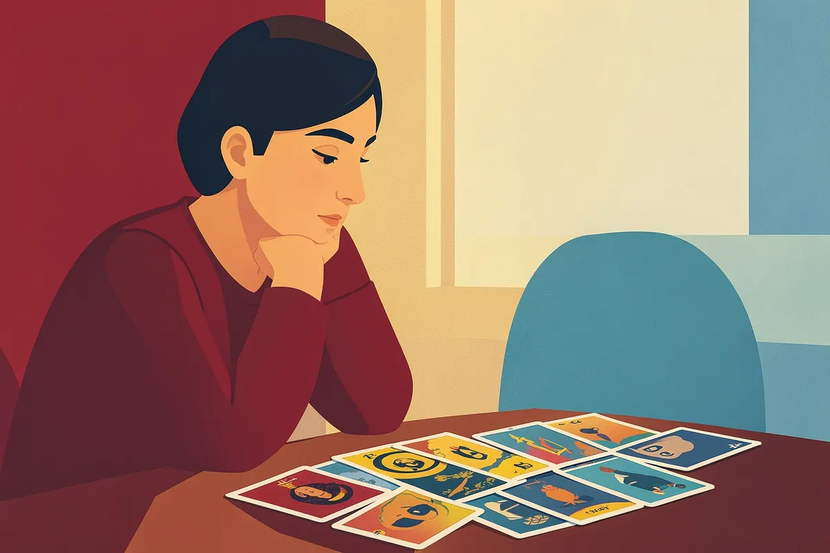 Uma pessoa pensativa olhando para as cartas do baralho cigano dispostas sobre uma mesa.