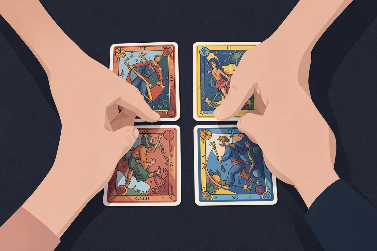 Um close-up de mãos interpretando as cartas de um baralho cigano sobre uma mesa.
