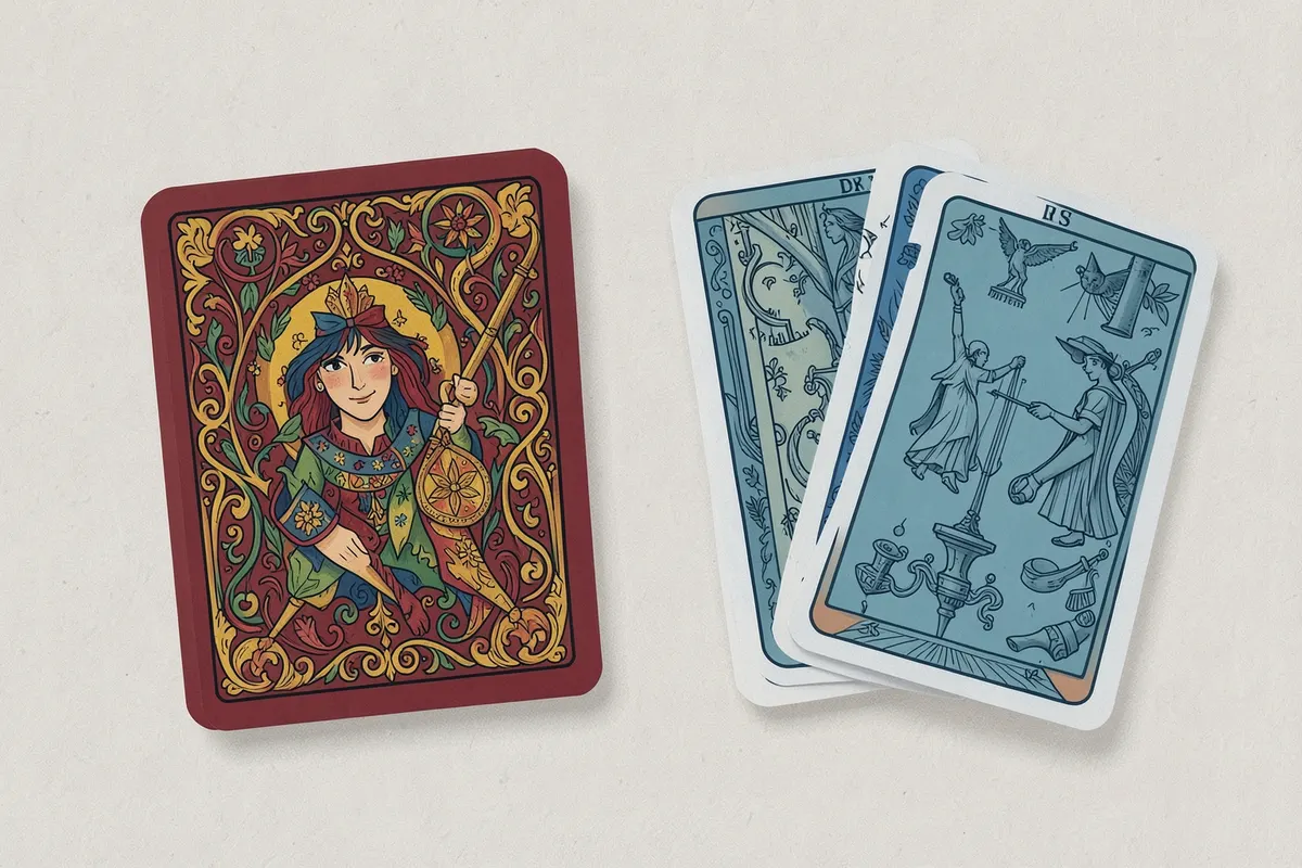 Comparação visual de um baralho cigano ao lado de um baralho de tarot tradicional.