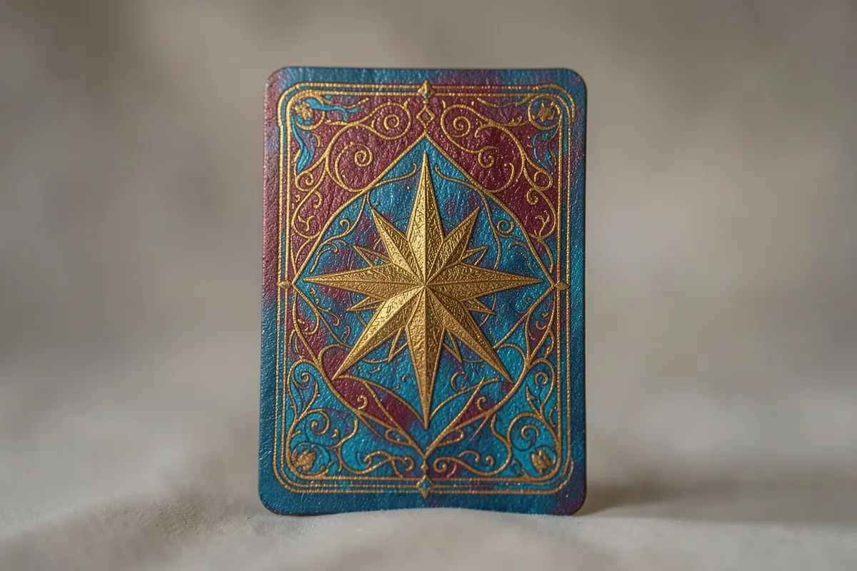 Mãos segurando uma carta Estrela do Baralho Cigano, com luz suave.