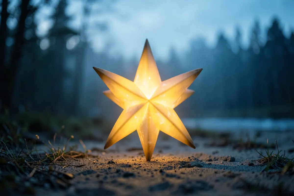 Um objeto em forma de estrela emitindo luz em um ambiente tranquilo.