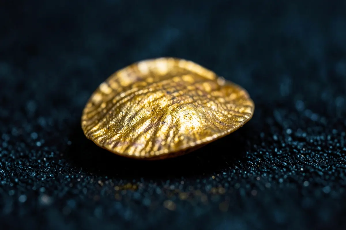 Um único búzio dourado em destaque sobre um fundo escuro e texturizado.