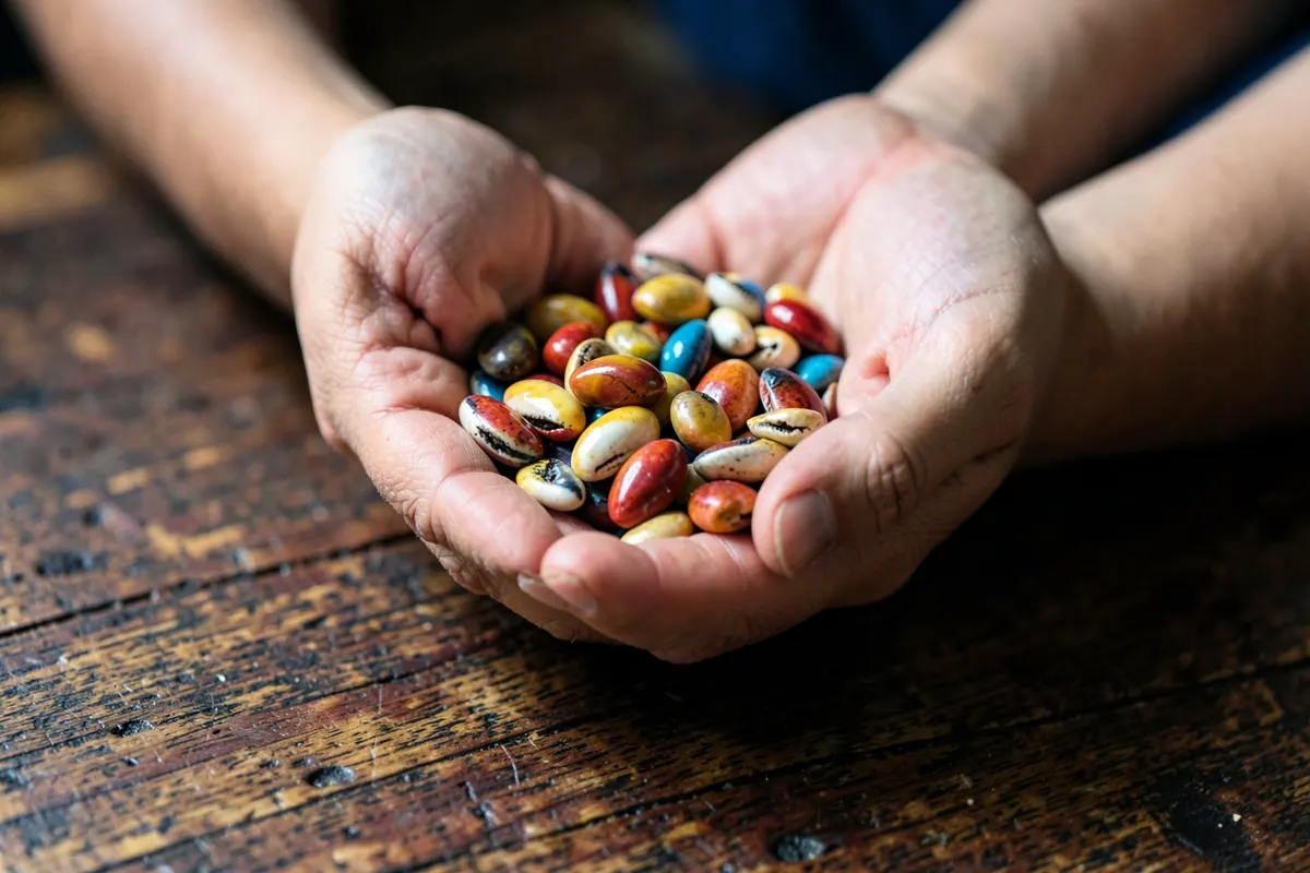 Mãos segurando um punhado de búzios coloridos sobre uma mesa de madeira.