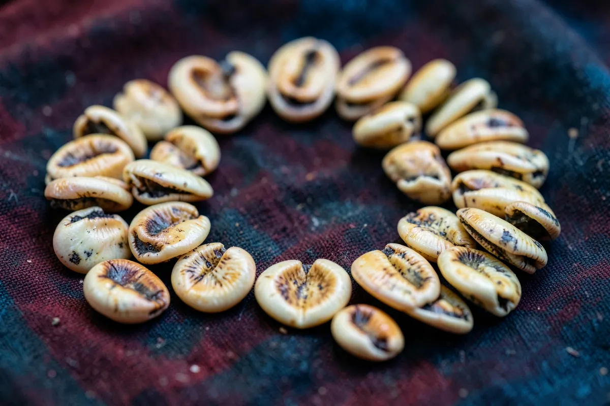 Um close-up de conchas de búzios dispostas em um padrão circular sobre um tecido rústico.
