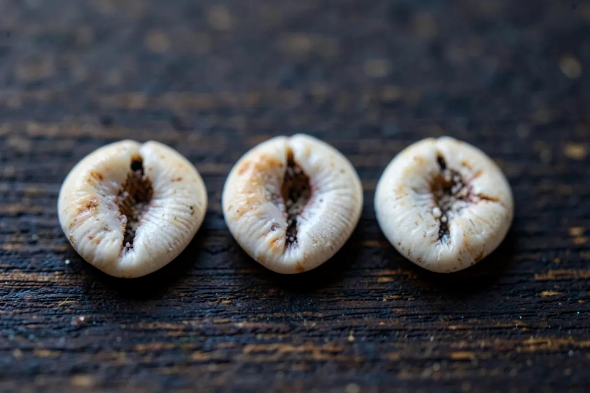 Um close-up de algumas conchas de búzios dispostas em uma linha reta sobre uma superfície de madeira escura.