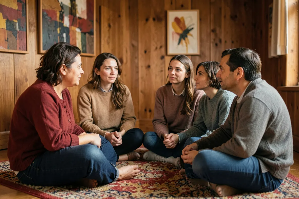 Um grupo de pessoas sentadas em círculo, ouvindo atentamente um ao outro em um ambiente acolhedor, em plano médio.