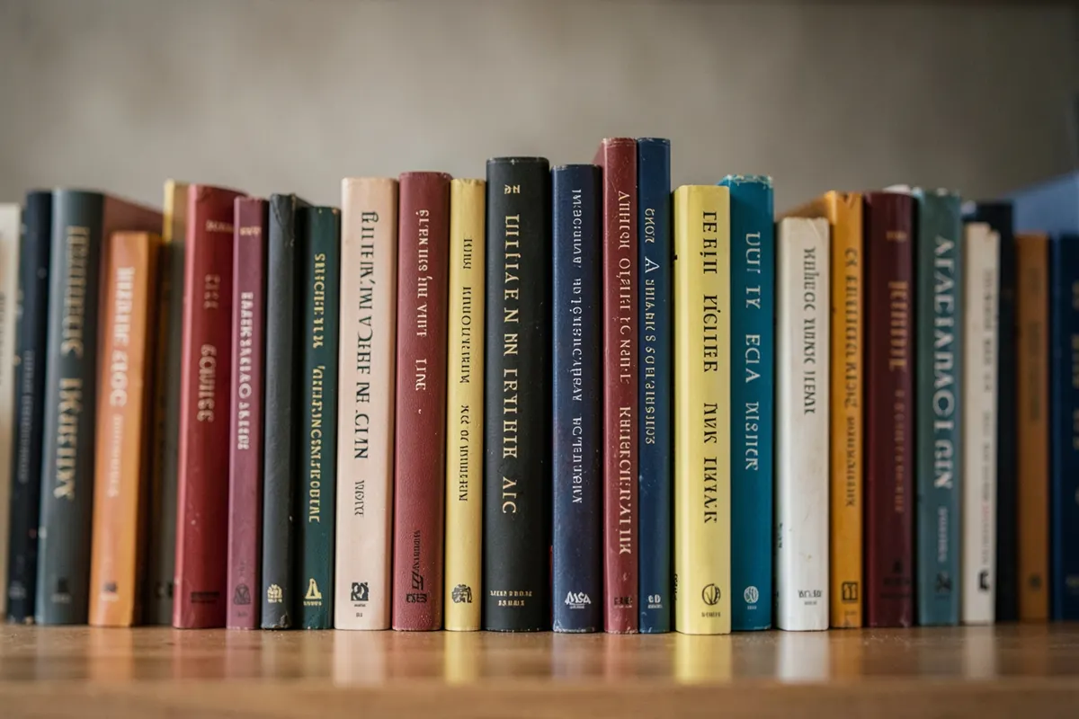 Uma estante de livros com diversas obras sobre espiritualidade e filosofia, em close-up.