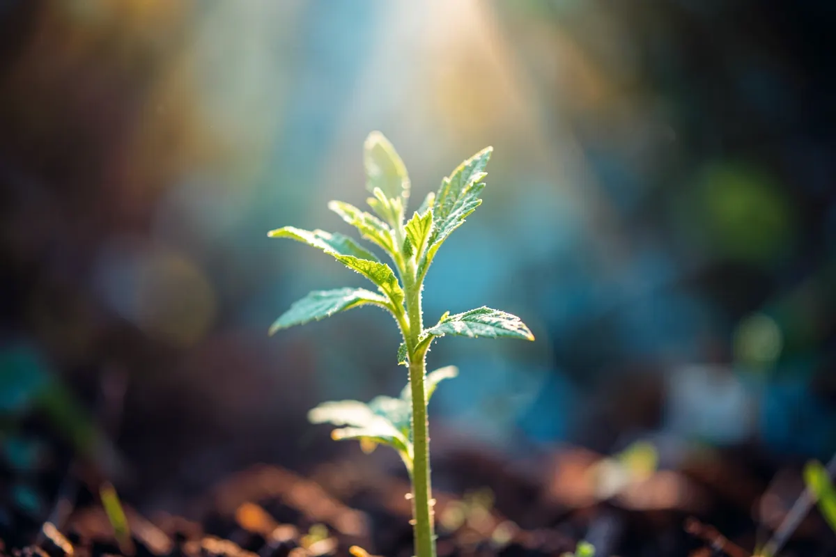 Uma planta crescendo em direção à luz, simbolizando crescimento pessoal, em detalhe.