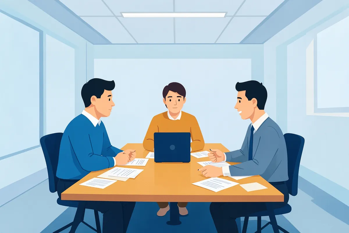Grupo de pessoas em reunião discutindo um projeto em uma sala de conferências moderna.