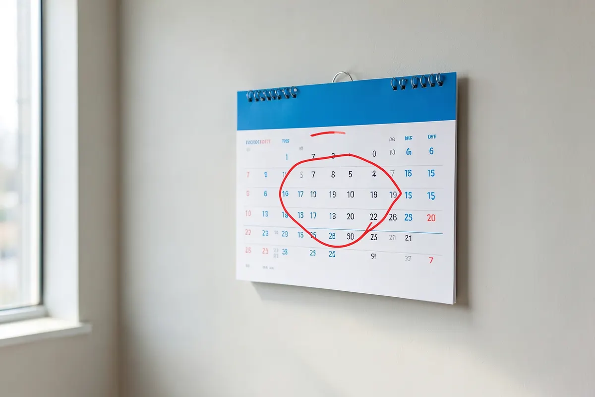 Calendário com um círculo vermelho em um dia específico.