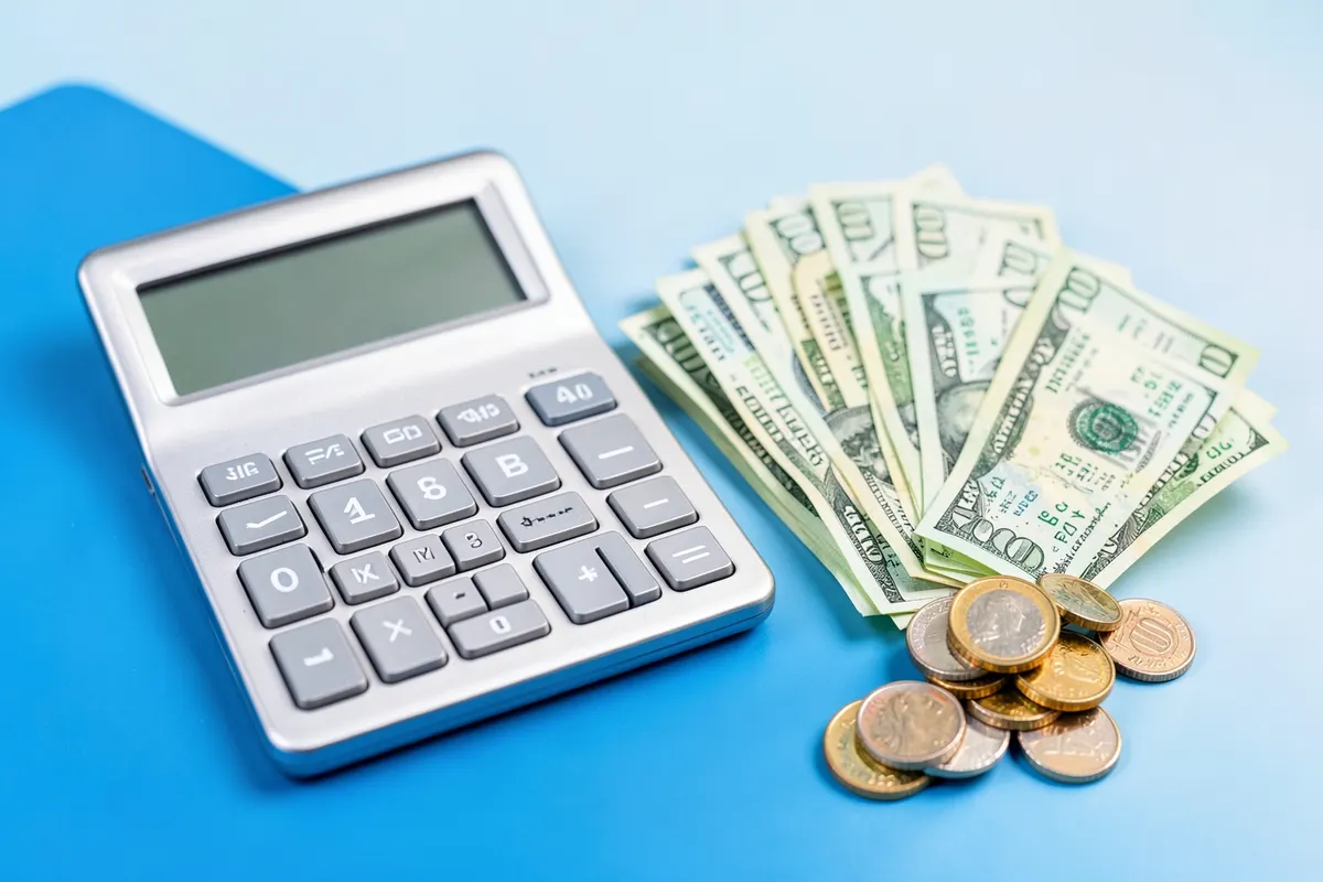 Calculadora ao lado de notas de dinheiro e moedas.