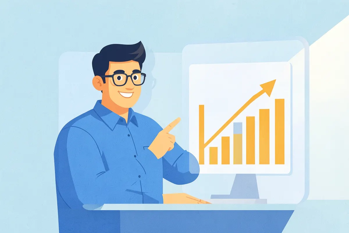 Um homem de óculos e camisa social azul, sorrindo, aponta para um gráfico de barras ascendente em uma tela de computador transparente, em um escritório moderno.