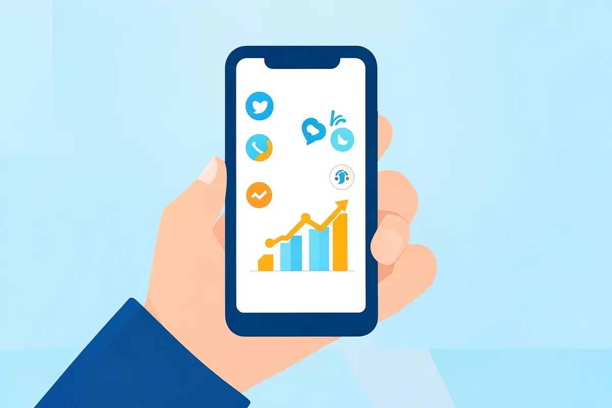 Um close-up de uma mão segurando um smartphone exibindo ícones de diferentes redes sociais e um gráfico de crescimento.