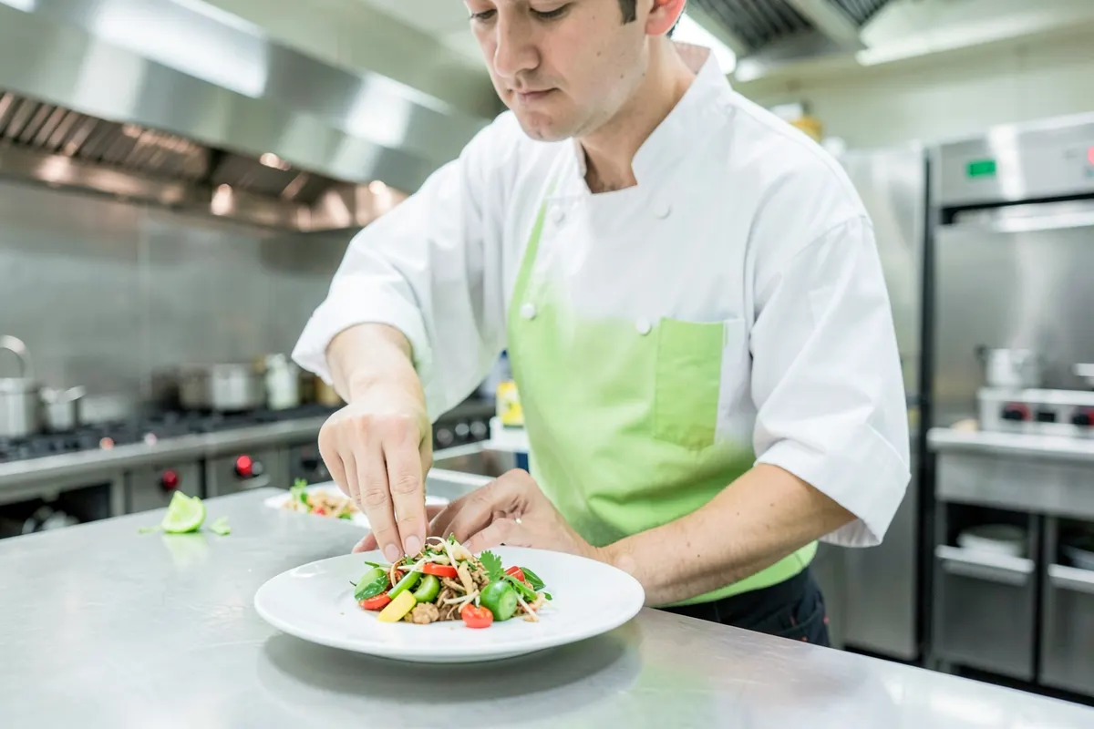 Um chef preparando um prato em uma cozinha profissional, usando ingredientes frescos e os produtos Veggie Roots.