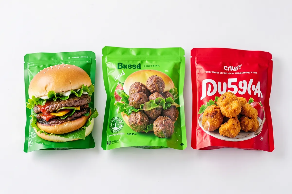 Variedade de produtos congelados veganos lado a lado, como hambúrgueres, almôndegas e nuggets, em embalagens coloridas.