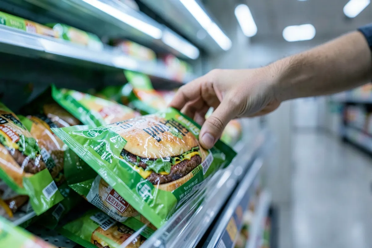 Uma mão escolhendo um pacote de hambúrguer vegano congelado em um freezer de supermercado, com outras opções desfocadas ao fundo.