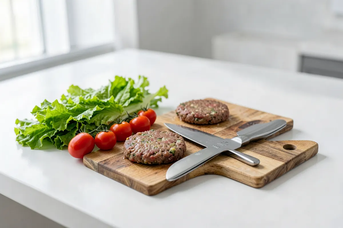 Uma bancada de cozinha com ingredientes frescos e um hambúrguer vegano congelado pronto para ser cozido, ao lado de utensílios.