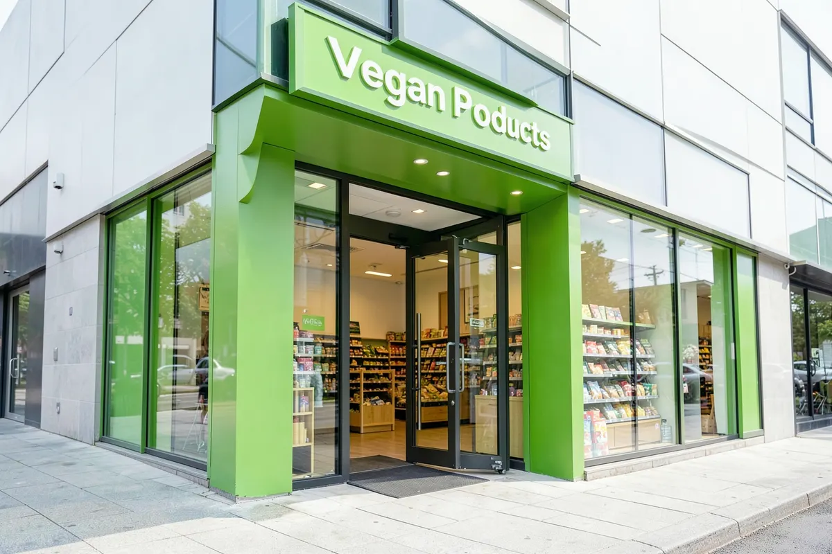 Fachada de um supermercado ou loja de produtos naturais com a placa "Produtos Veganos" em destaque.