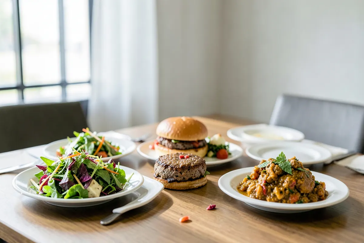 Mesa posta com diversos pratos veganos, incluindo salada, hambúrguer e moqueca.