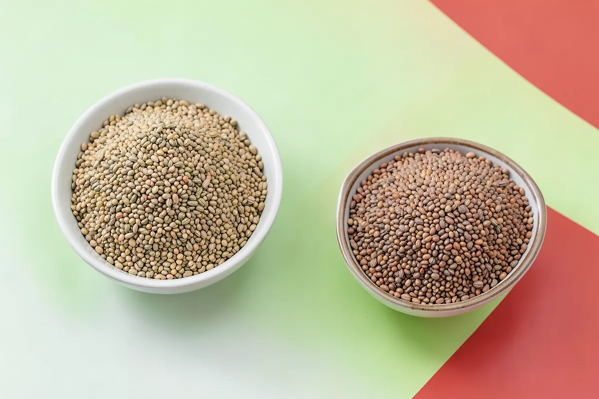Diferentes tipos de grãos, sementes e leguminosas dispostos em recipientes separados.