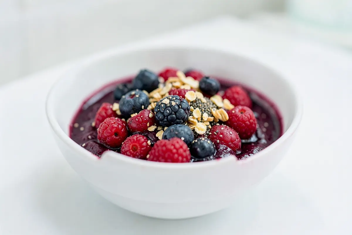 Uma tigela de açaí com frutas vermelhas, granola e sementes de chia.