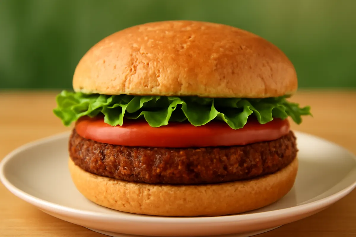 Um hambúrguer vegetal suculento em um pão integral com alface e tomate.