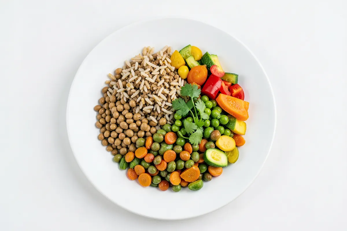 Um prato com lentilhas cozidas, arroz integral e legumes variados.