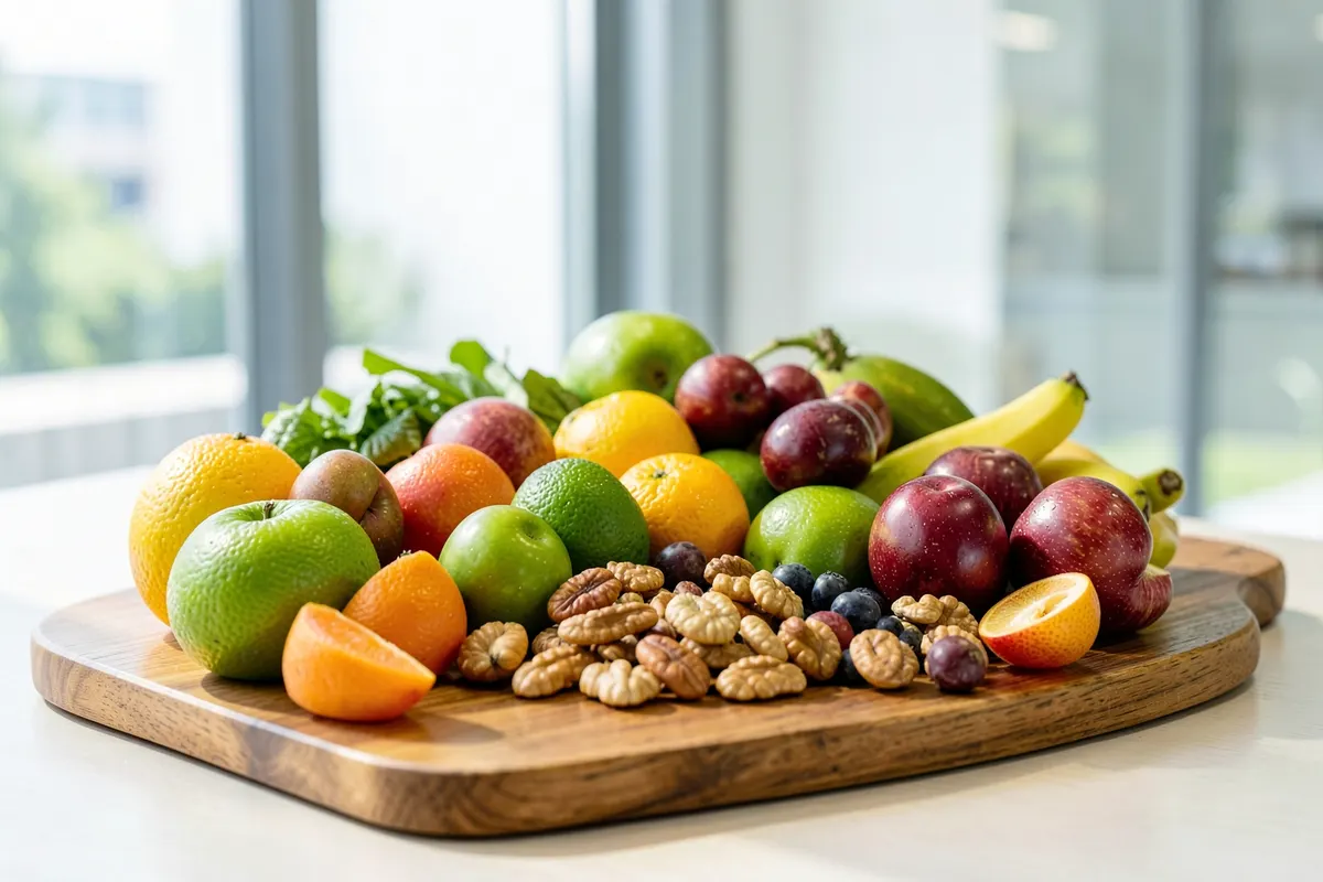 Uma variedade de frutas frescas, vegetais e nozes em uma tábua de madeira.
