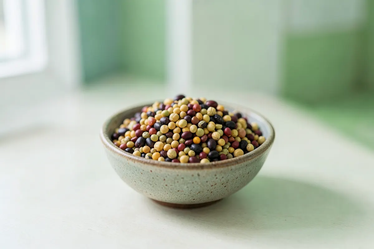 Uma variedade de grãos de proteína vegetal, incluindo lentilhas, grão de bico e feijão preto, dispostos em uma tigela de cerâmica rústica.