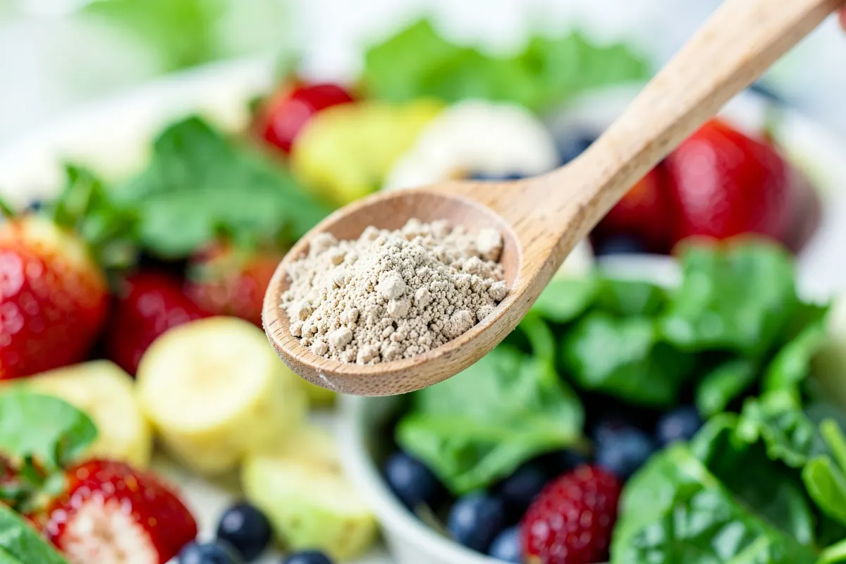 Uma colher de madeira cheia de proteína de ervilha em pó, com um fundo desfocado de ingredientes para smoothies.