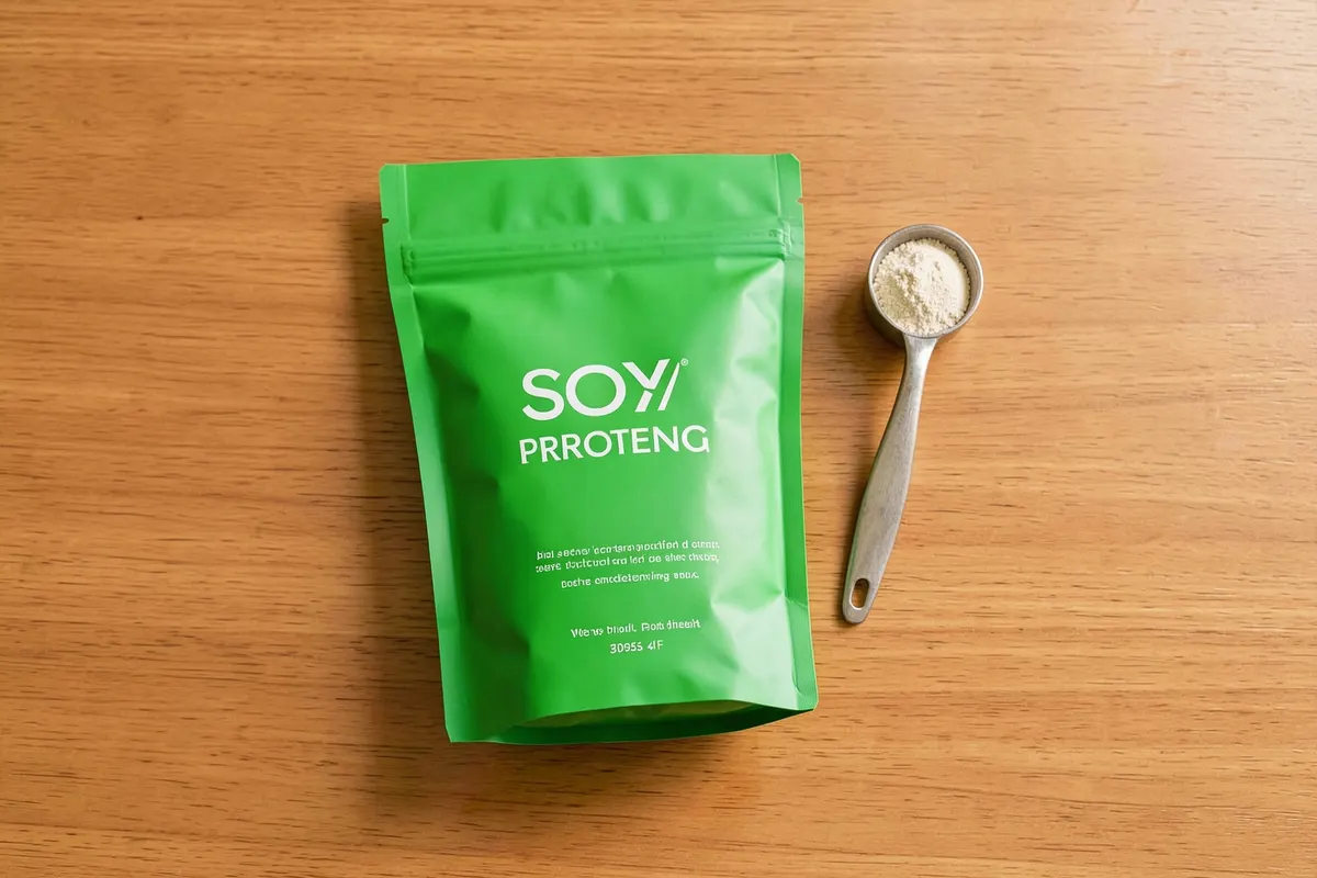 Um saco de proteína de soja com uma colher ao lado, em uma superfície de madeira limpa.