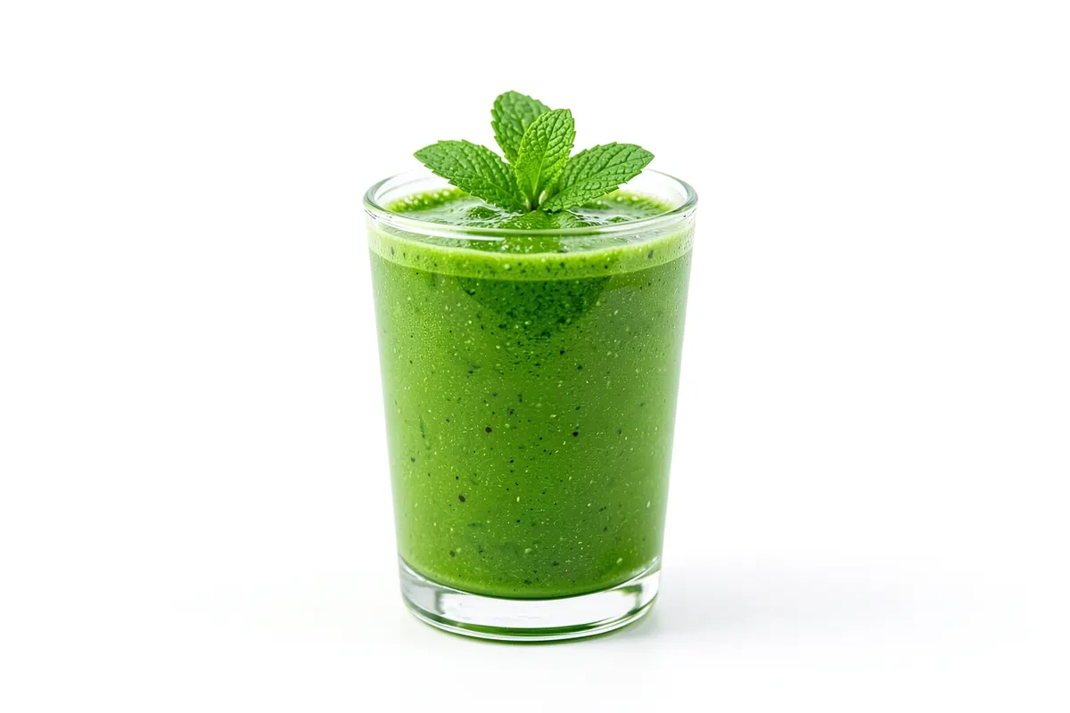 Um copo de smoothie verde vibrante feito com proteína vegetal, decorado com algumas folhas de hortelã.