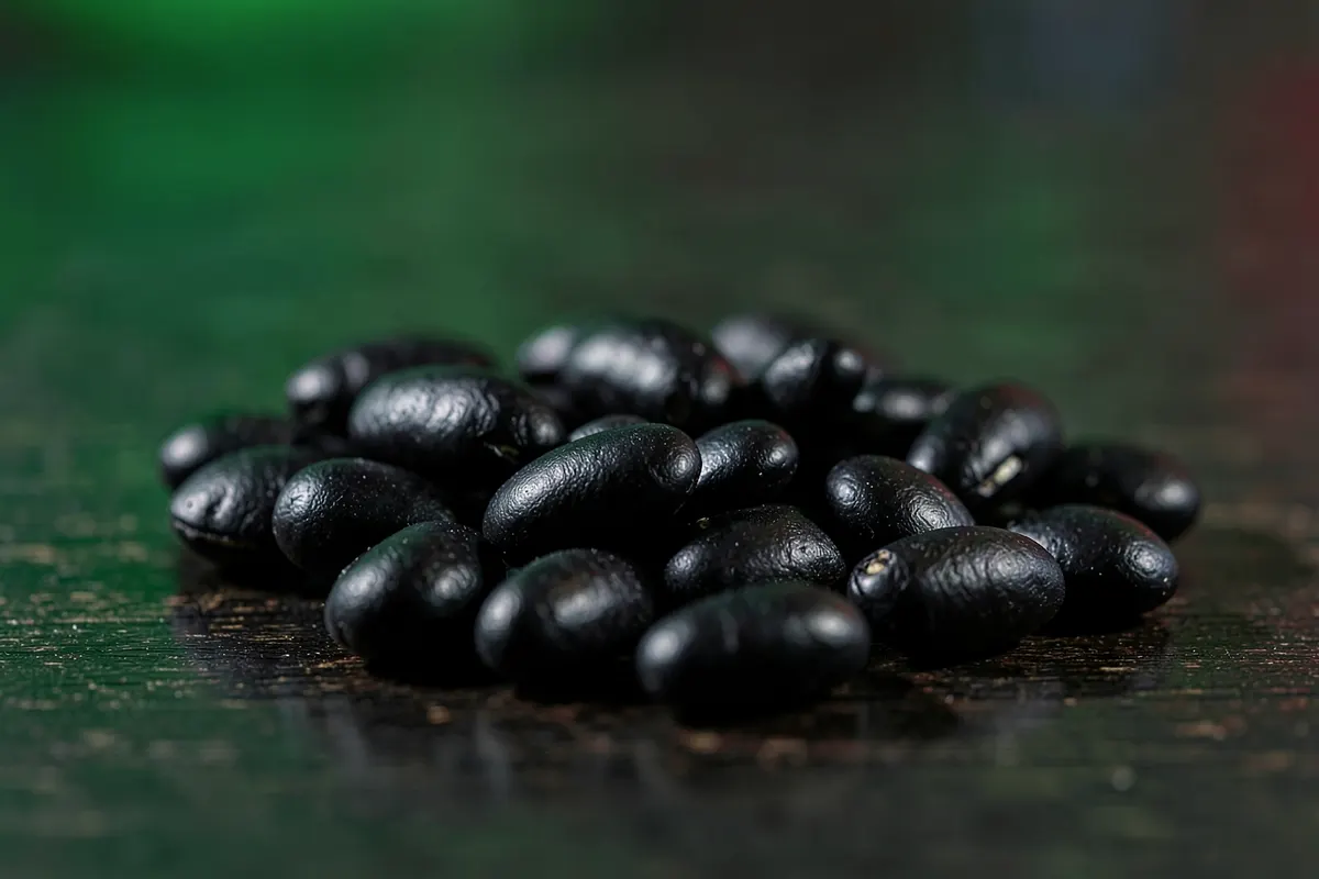 Um punhado de feijões pretos crus em uma superfície de madeira escura.