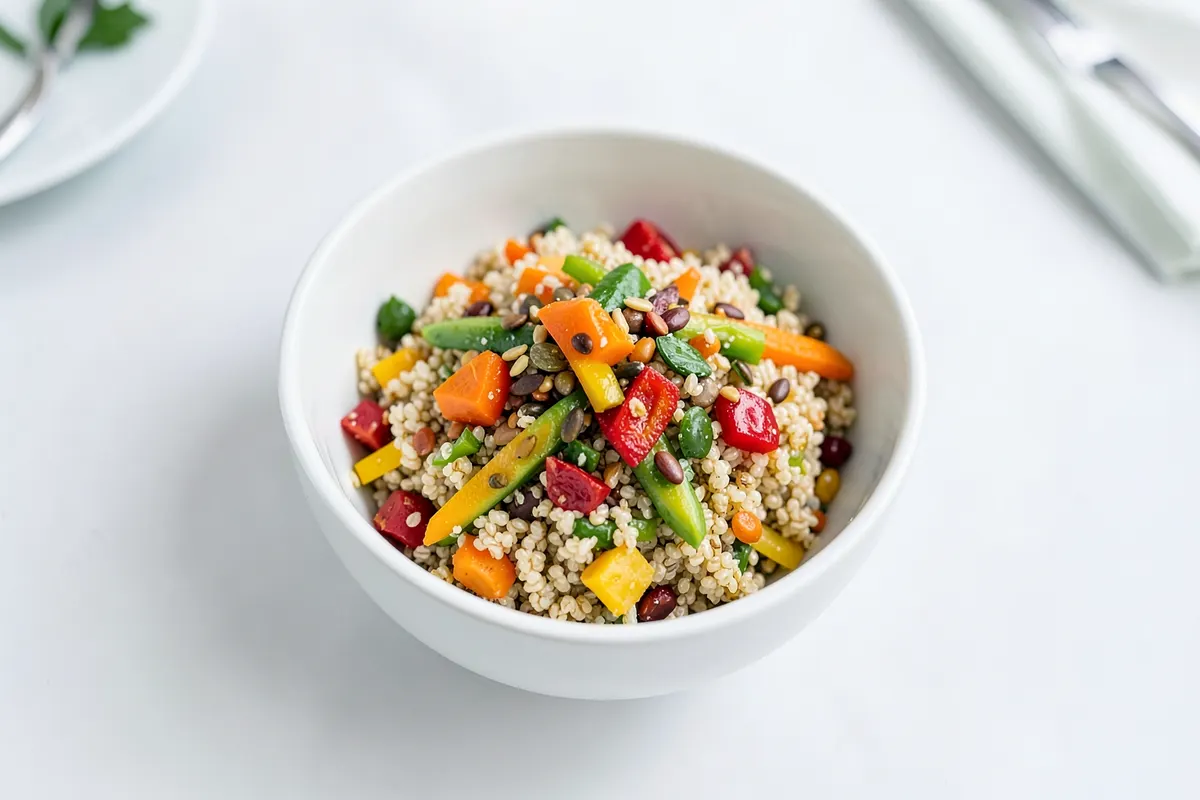 Uma tigela de quinoa cozida com vegetais coloridos e sementes por cima.