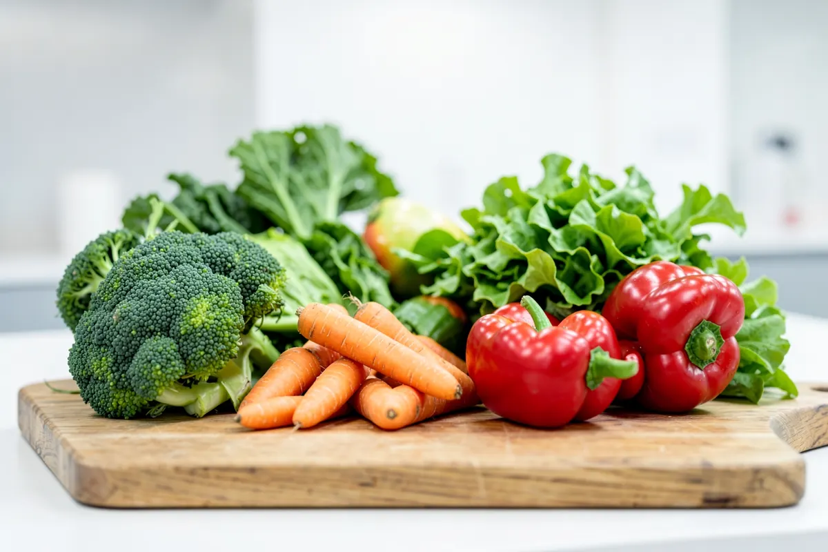 Variedade de vegetais frescos como brócolis, cenoura, pimentão e folhas verdes em uma tábua de corte.