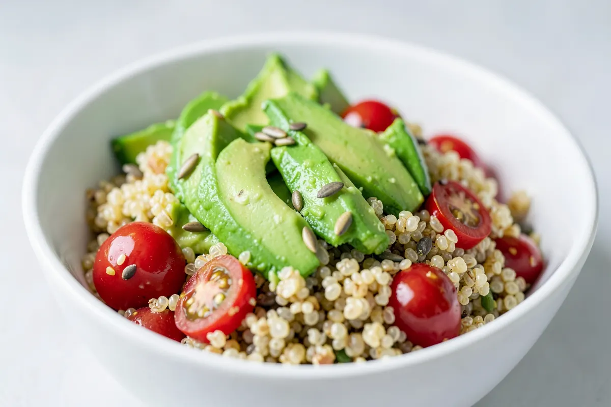 Tigela de quinoa com abacate fatiado, tomate cereja e sementes de girassol.