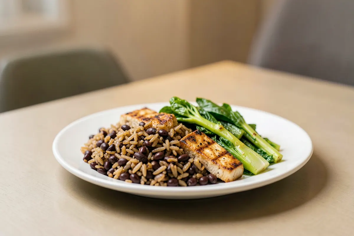 Prato com arroz integral, feijão preto, tofu grelhado e legumes cozidos no vapor.