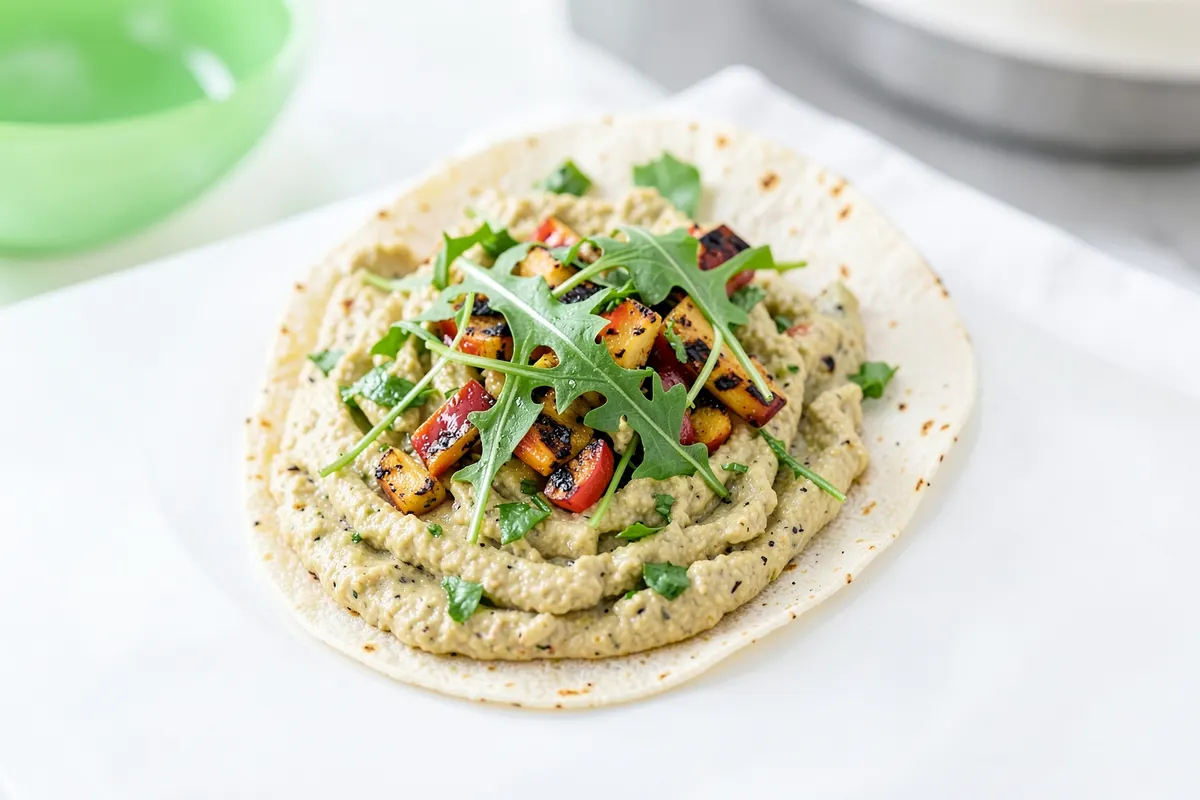 Wrap de tortilha integral recheado com homus, vegetais grelhados e rúcula.