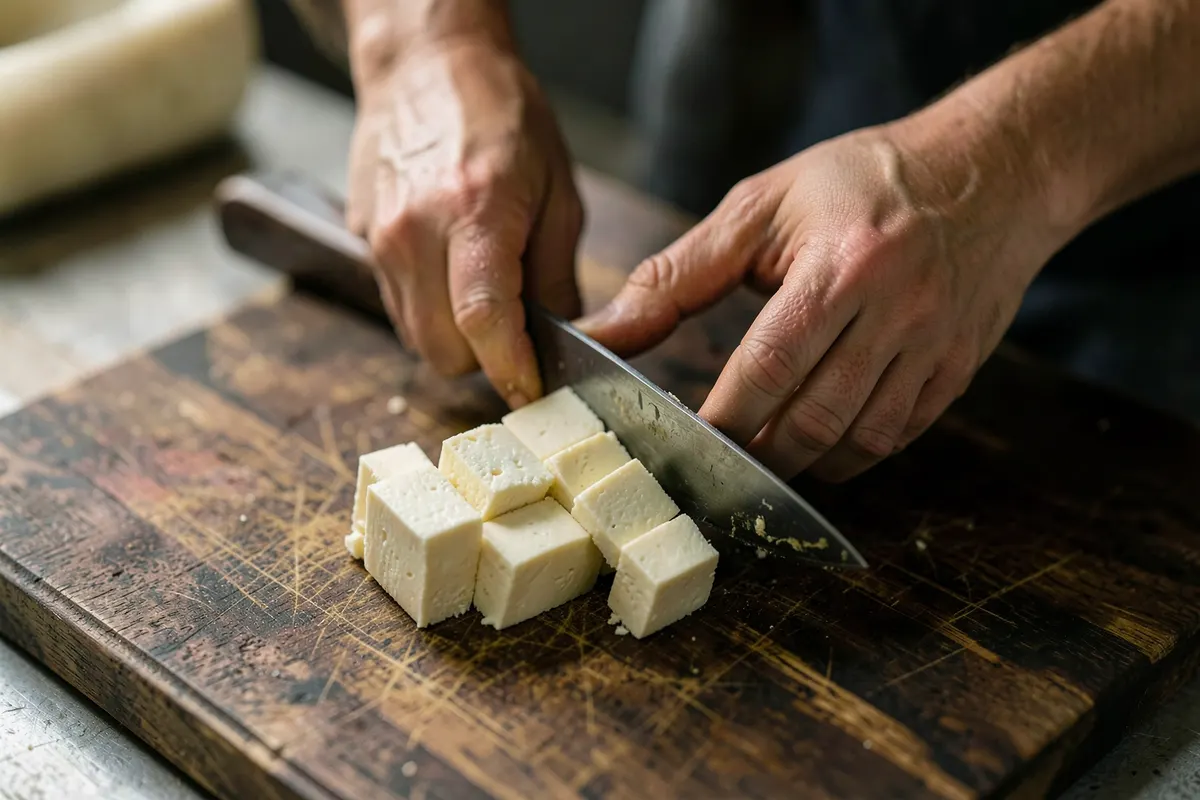Um chef cortando cubos de tofu firme com uma faca afiada sobre uma tábua de corte de madeira escura.