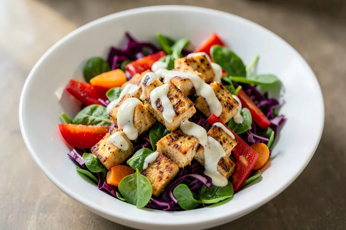 Uma salada vibrante com cubos de tofu grelhado, vegetais coloridos e um molho cremoso em um prato branco.