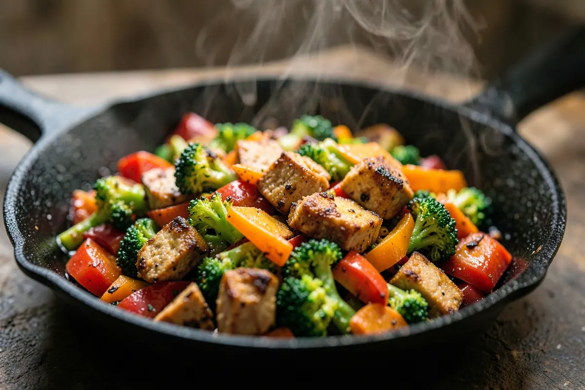 Um refogado de vegetais com pedaços de tofu defumado em uma frigideira de ferro fundido, com vapor subindo.